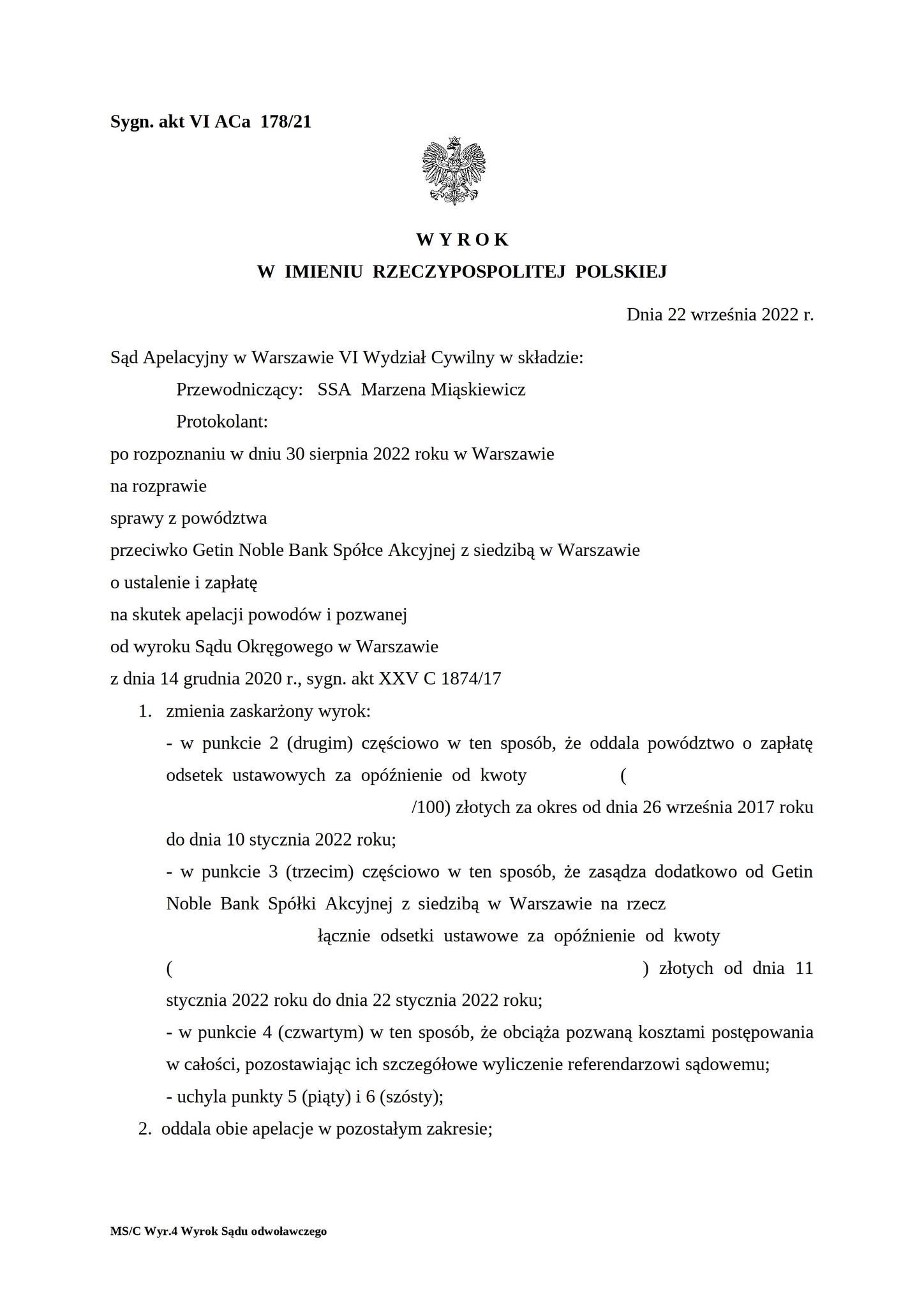 Wyrok Sądu Apelacyjnego z dnia 22.09.2022 r., sygn. akt VI ACa 178/21