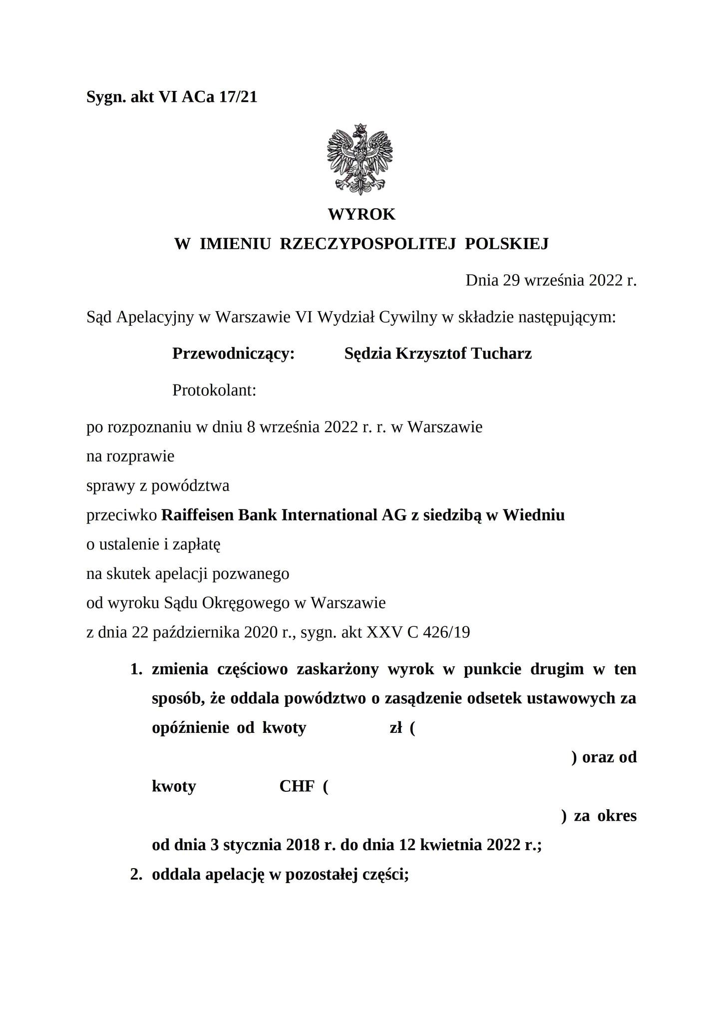 Wyrok Sądu Apelacyjnego w Warszawie z dnia 29.09.2022 r., sygn. akt VI ACa 17/21