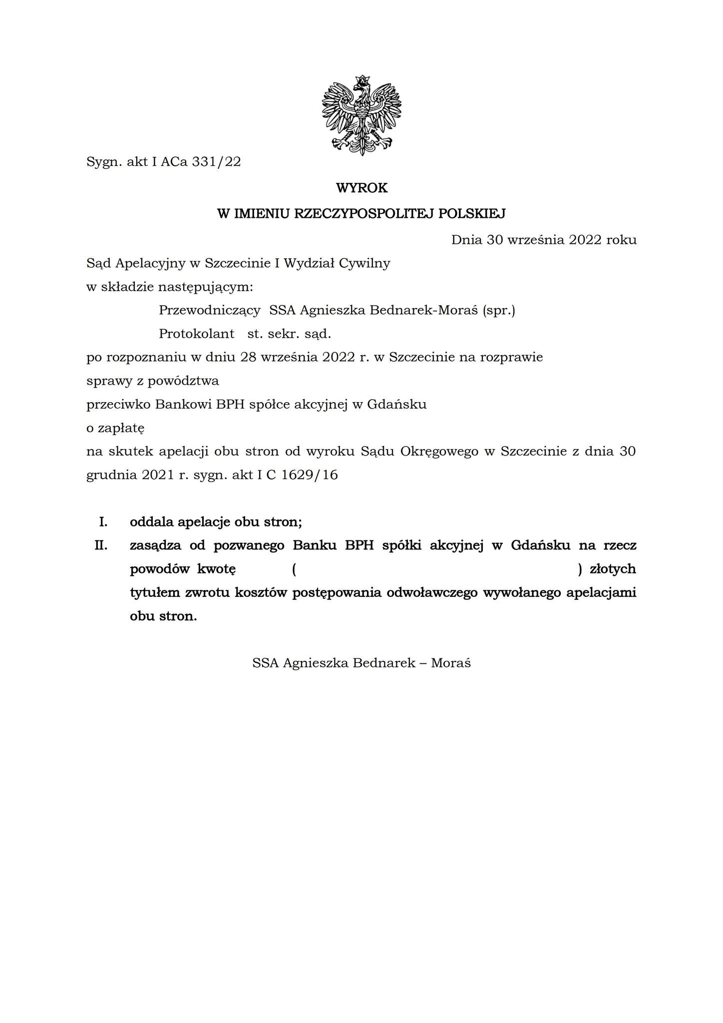 Wyrok Sądu Apelacyjnego w Szczecinie z dnia 30 września 2022 r., sygn. akt I ACa 331/22