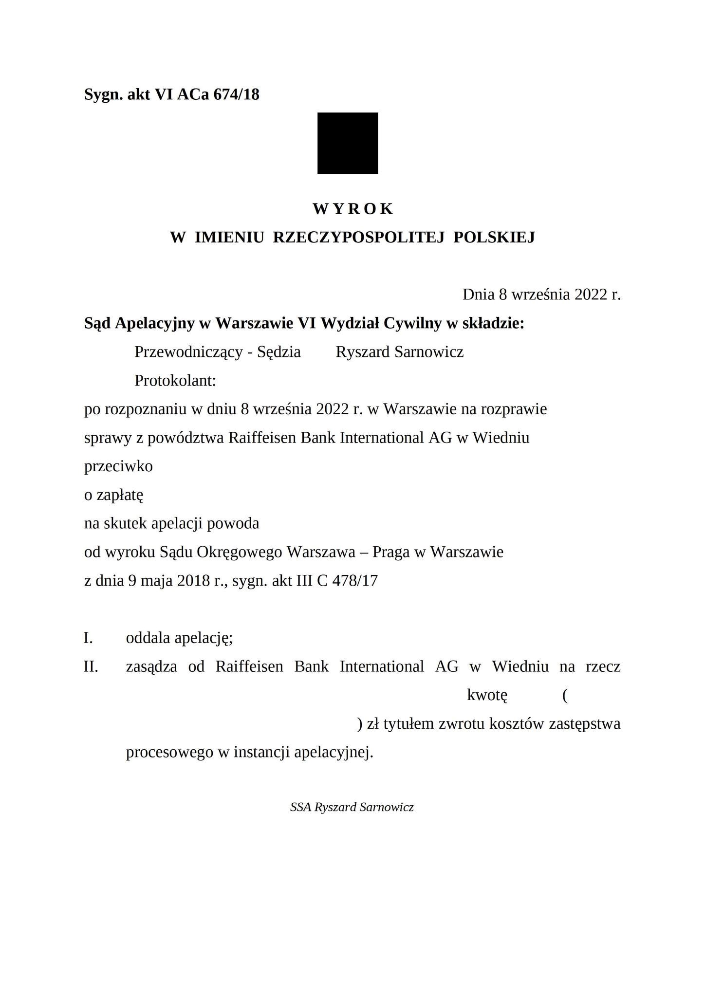 Wyrok Sądu Apelacyjnego w Warszawie z dnia 8 września 2022 r., sygn. akt VI ACa 674/18