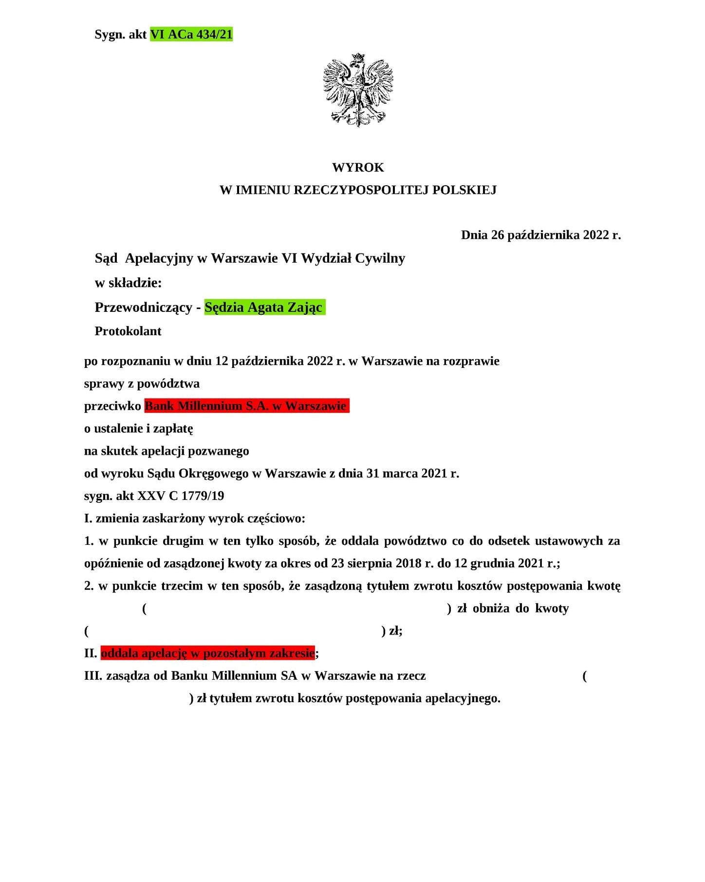 Wyrok Sądu Apelacyjnego w Warszawie z dnia 26.10.2022 r., sygn. akt VI ACa 434/21