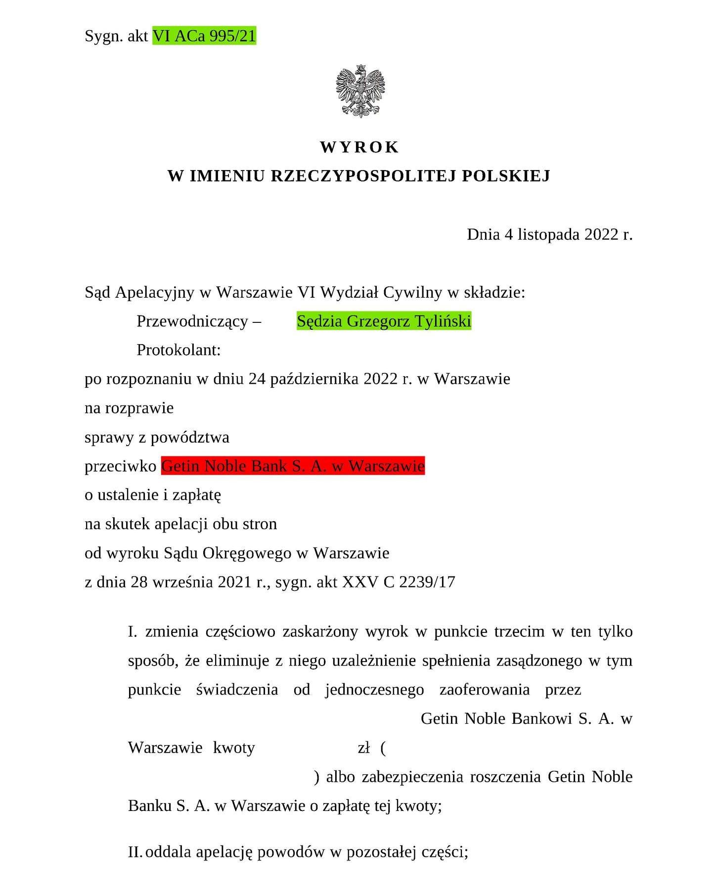 Wyrok Sądu Apelacyjnego w Warszawie z dnia 04.11.2022 r., sygn. akt VI ACa 995/21